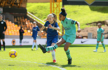Two girls playing football, wearing Arsenal and Chelsea and kit